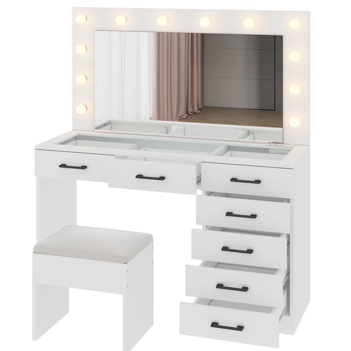Ktaxon Large Makeup Vanity, Vanity Table Set w/ Visible Glass Top w/ Charging Station, White