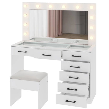 Ktaxon Large Makeup Vanity, Vanity Table Set w/ Visible Glass Top w/ Charging Station, White