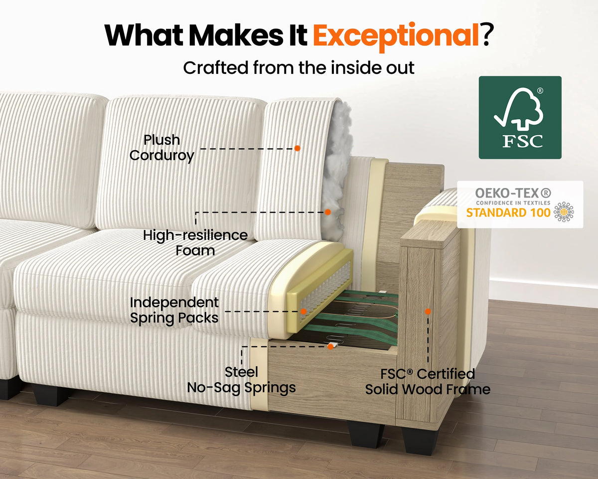 CHIC HOUSE 154.5" Sectional Sofa with Storage Ottoman Chaise, Corduroy U Shaped Sofa Convertible Sectional Couches for Living Room, 12 Seater Corner Modular Sofa with Deep Seat Throw Pillows, Green