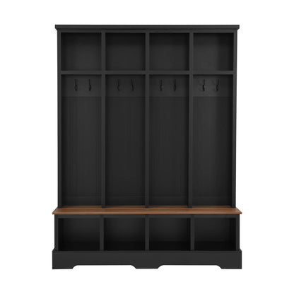 Euroco Farmhouse 59"W Wide Hall Tree with 8 Hooks, Practical Entryway Bench with Open Compartments, 76.7"H Modern 3-in-1 Wooden Style Coat and Shoe Rack for Mudroom, Living Room, Green