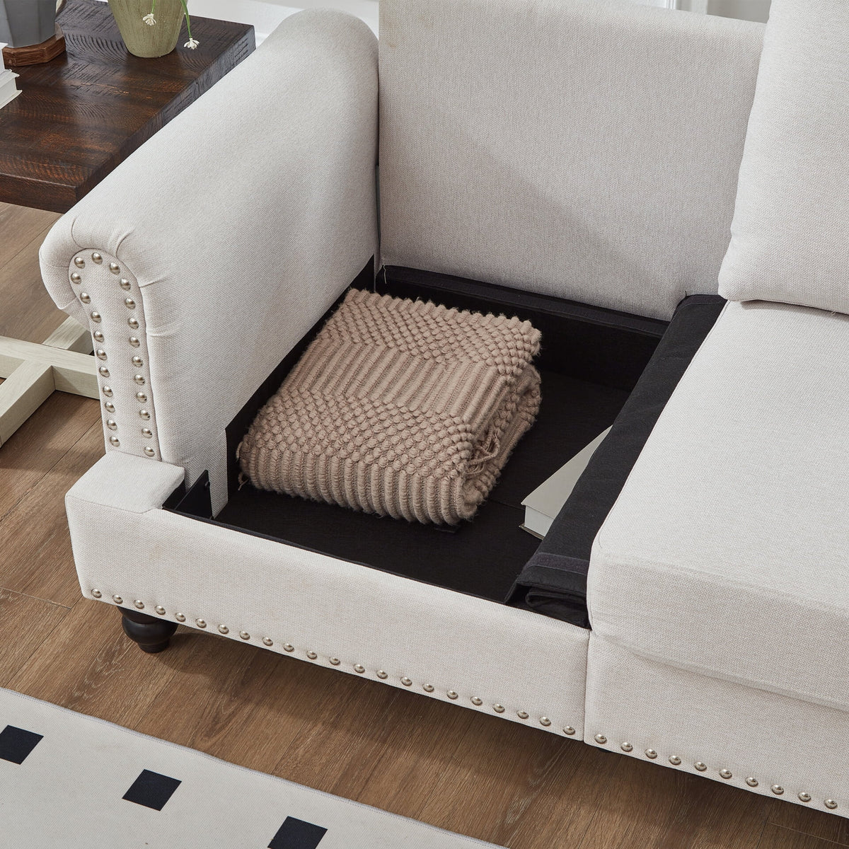 2 Piece Living Room Sofa Set, Modern Leather 3 Seater and Loveseat Sofa with Storage Seats and Rolled Nails Arms for Living Room, Brown
