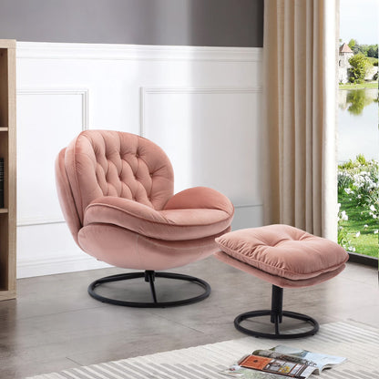 Velvet Swivel Accent Chair with Ottoman Set, Modern Tufted Armchair with Footrest for Living Room Reading TV Chairs for Adults, Comfy Chaise Lounge Chairs with 360 Degree Swiveling for Bedroom, Pink