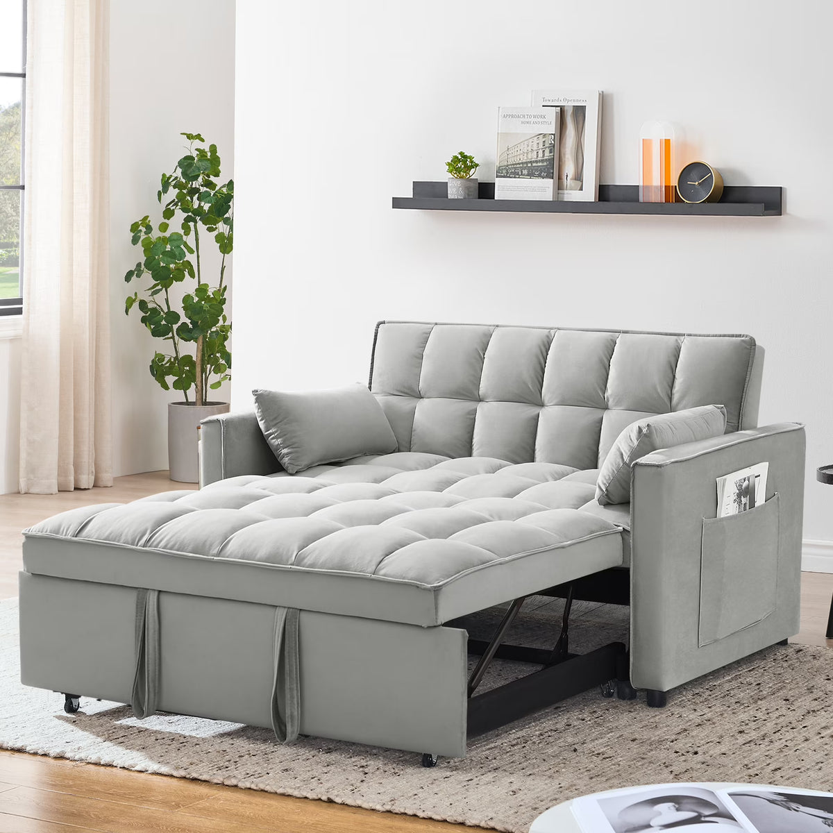 Convertible Sofa Bed,3-in-1 Sleeper Sofa with Pull Out Bed,Velvet Highly Elastic Sponge Futon Couch Loveseat with Adjustable Backrest and 2 Pillows for Living Room,Gray