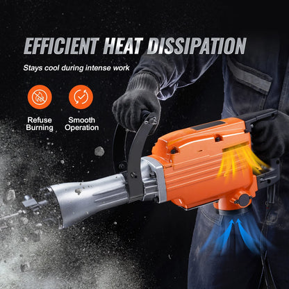 KFFKFF Demolition Jack Hammer, 2200W 1400 BPM Concrete Shattering Drill, Robust Electric Power Drill with 6 Chisel Attachments and Gloves, Front Handle