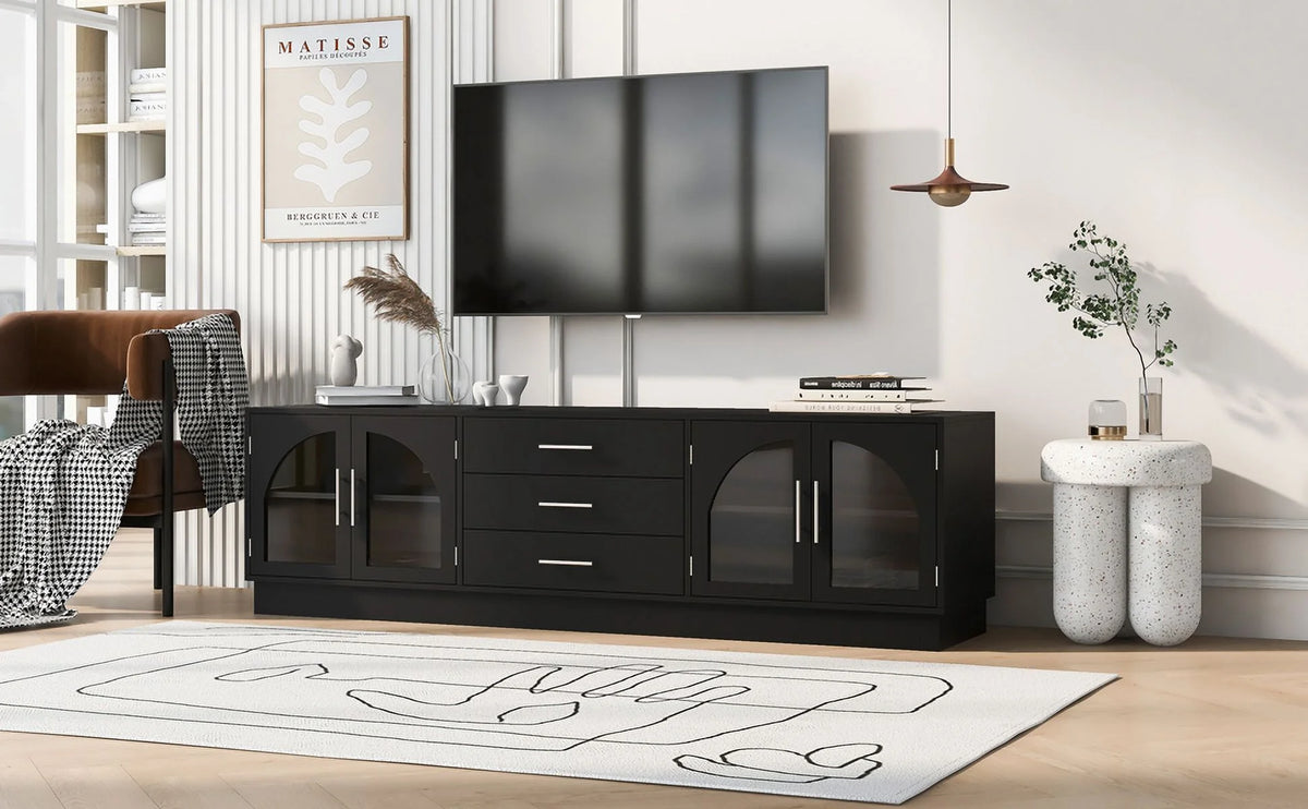 Euroco Modern TV Stand with Arched Glass Doors, Drawers & Adjustable Shelves for TVs up to 75 Inches