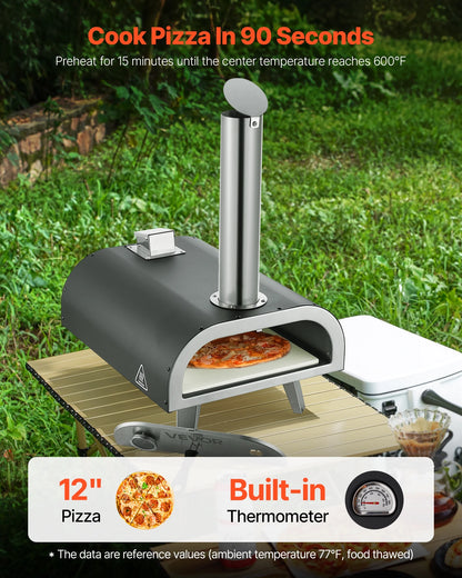VEVOR Outdoor Pizza Oven, 12 Inch Wood Fired Pizza Ovens, Pellet Pizza-Stove with Thermometer, Portable Pizza-Maker for Outside Backyard Patio Camping, Pizza-Stone, Carry Bag, Shovel, Black