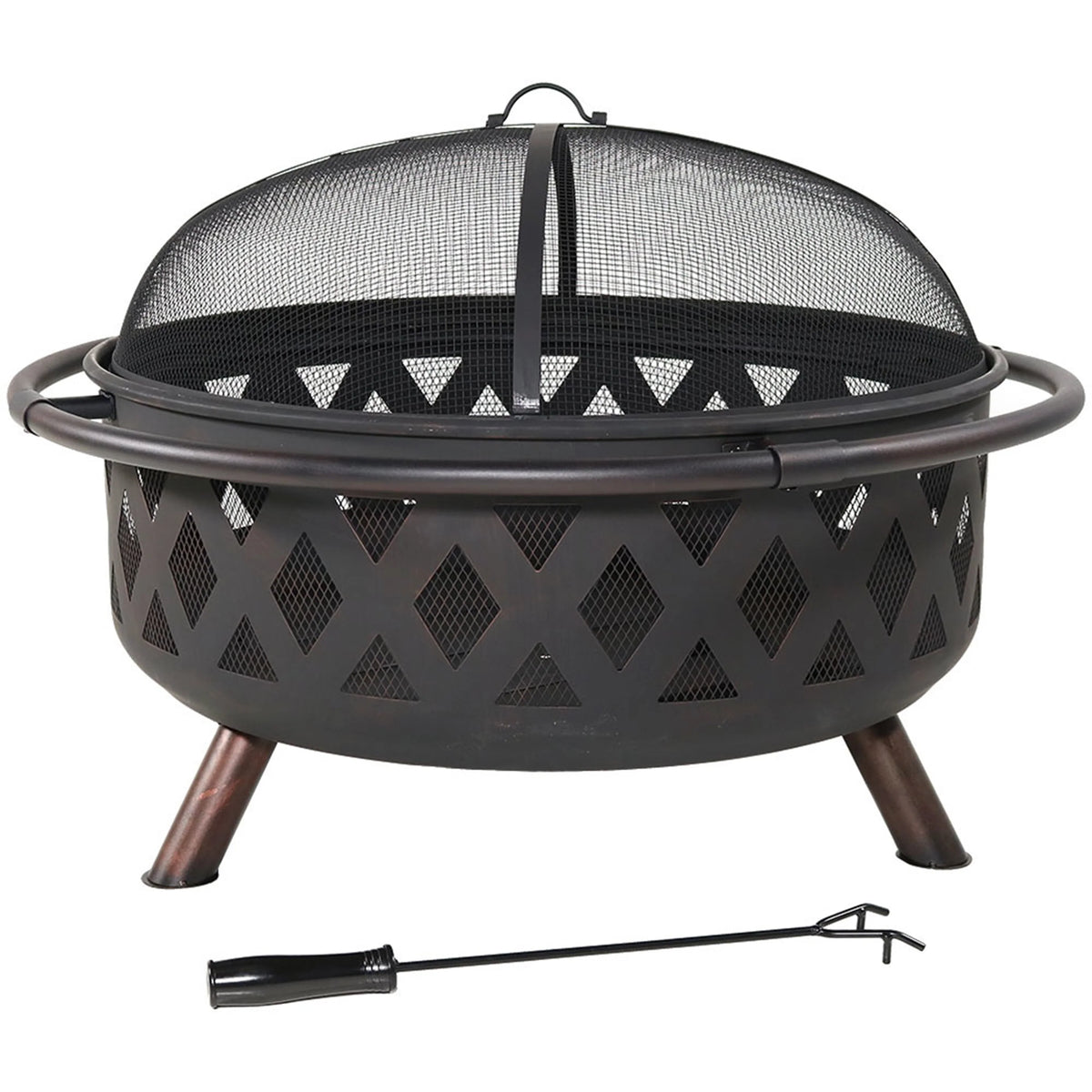 Sunnydaze Outdoor Camping or Backyard Round Crossweave Cut Out Fire Pit with Spark Screen, Log Poker, and Cover - 36"