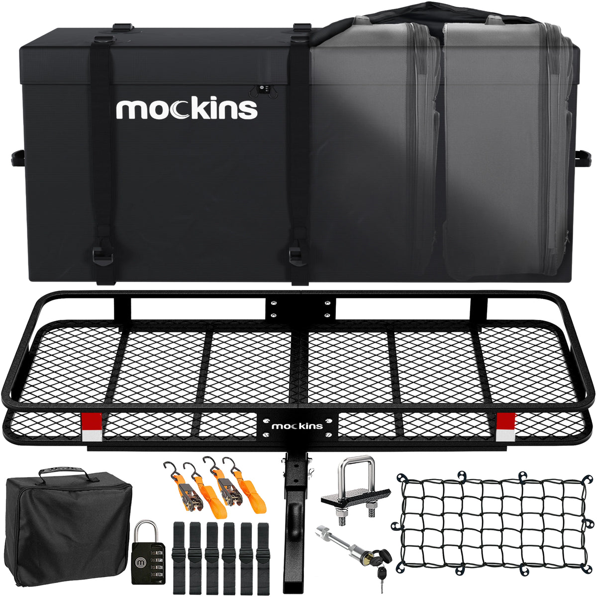 Mockins XL Trailer Hitch Cargo Carrier Hitch Mount | 500 lbs. Hitch Basket Capacity - 60"x24"x6" | 25 Cu. Ft. Bag & Accessories