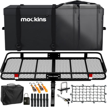 Mockins XL Trailer Hitch Cargo Carrier Hitch Mount | 500 lbs. Hitch Basket Capacity - 60"x24"x6" | 25 Cu. Ft. Bag & Accessories