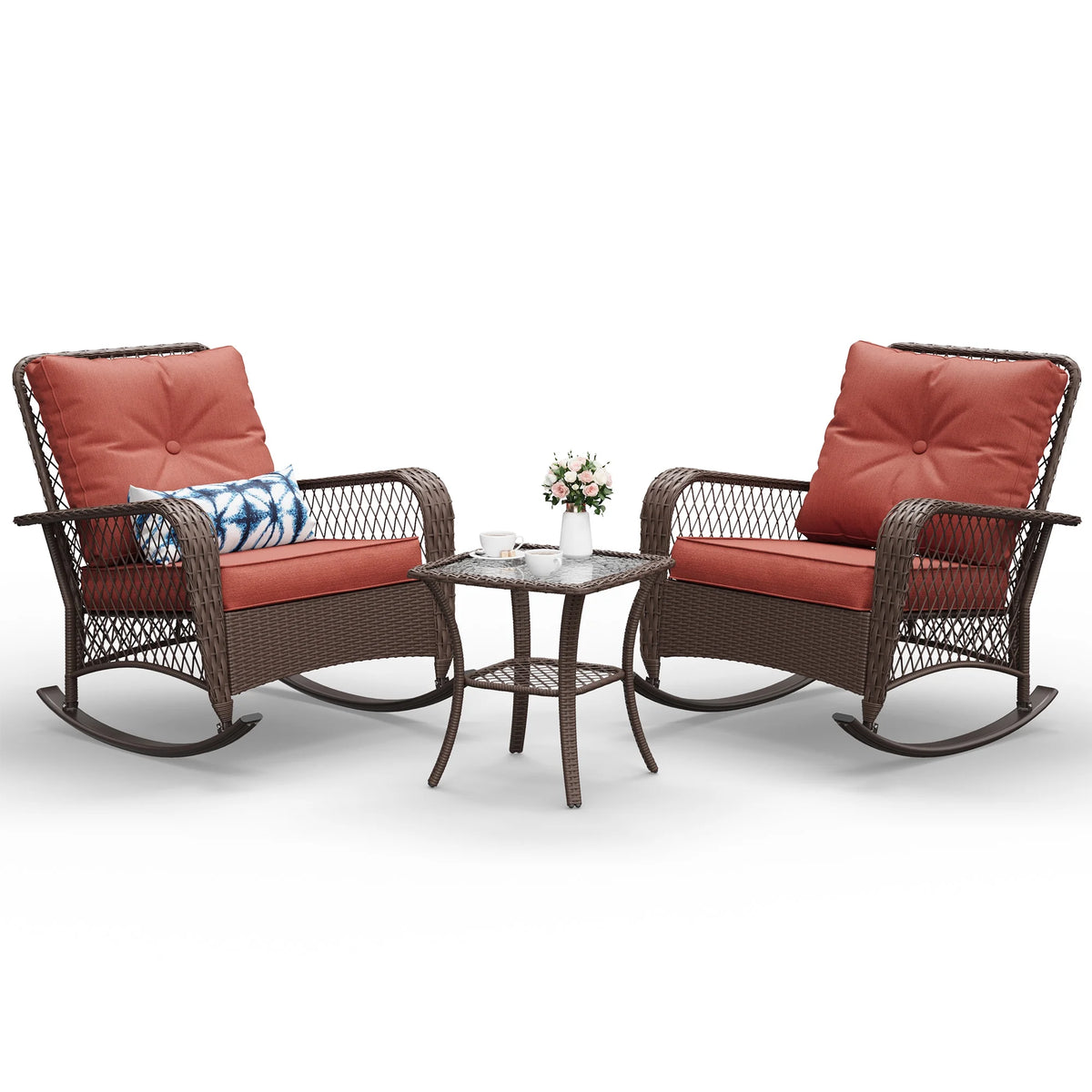 ELPOSUN 3-Piece Outdoor Rocking Chairs, Wicker Patio Furniture with Thickened Cushions and Table for Porch