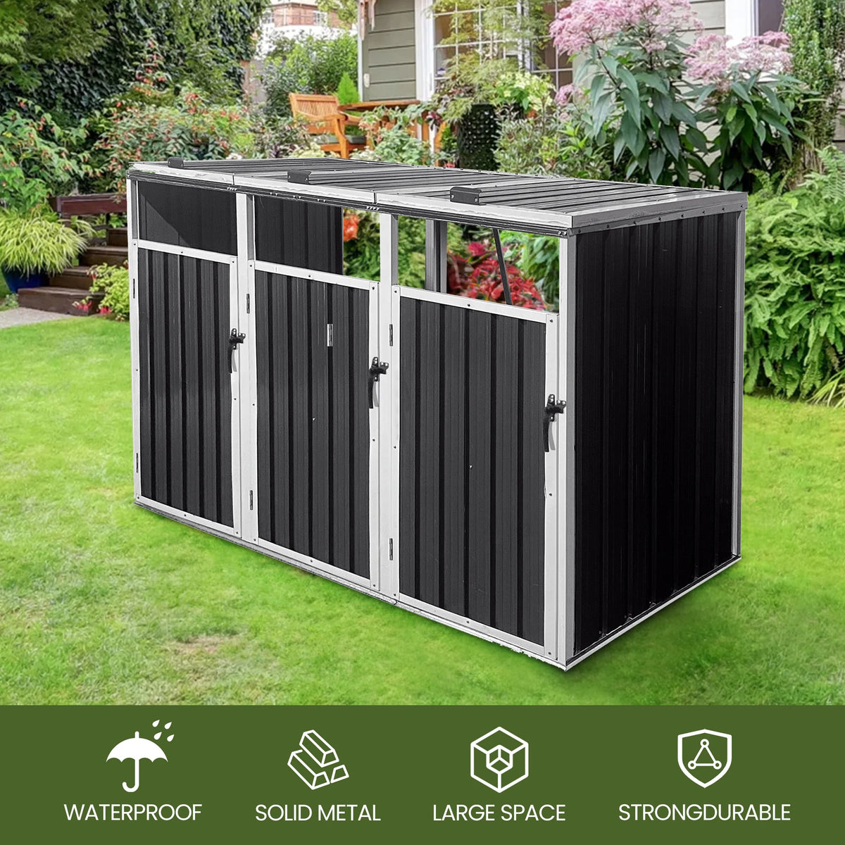 Aukfa 7.3' W Outdoor Garbage Bin Storage, Metal Storage Shed for 3 Trash Cans Tools, Waterproof Trash Can Storage