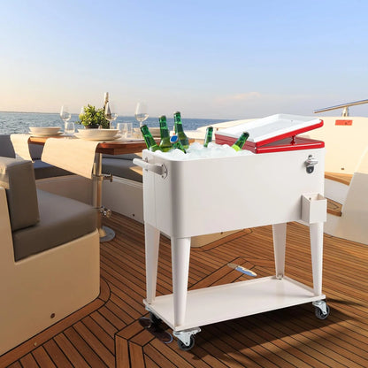 80 Quart Rolling Ice Chest, Portable Bar Drink Cooler with Catch Basin, Bottom Storage Tray and Bottle Opener for Patio Party BBQ Beach Activities