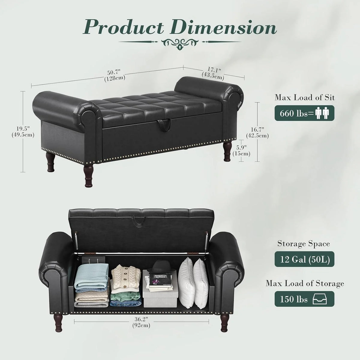 YOUDENOVA Storage Ottoman Bench for Bedroom 51" Queen Leather Storage Bench with Button, Upholstered Bedroom Bench with Rolled Arms for Living Room, Storage Room, Entryway, Gray