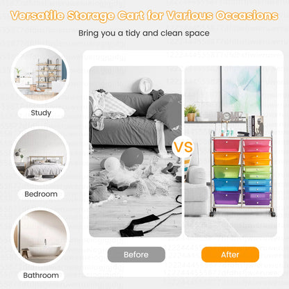 Costway 15 Drawer Rolling Storage Cart Tools Scrapbook Paper Office School Organizer White