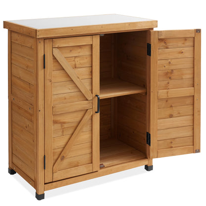 Outdoor Storage Cabinet and Potting Bench with Metal Tabletop and Storage Cabinet - Wooden Outdoor Garden Patio Workstation Table, Gray