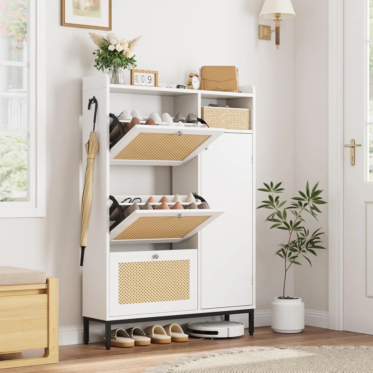 Garvee Rattan Shoe Storage Cabinet with Doors and 3 Flip Drawers, Freestanding Organizer with Adjustable Shelves for Entryway, Narrow Shoe Rack Cabinet for Hallway, Easy Assembly, Oak Color