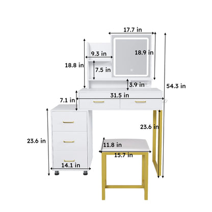 Montary Modern Mini Vanity w/Adjustable LED Mirror + Hidden Storage, Padded Stool & Dustproof Shelves (White)