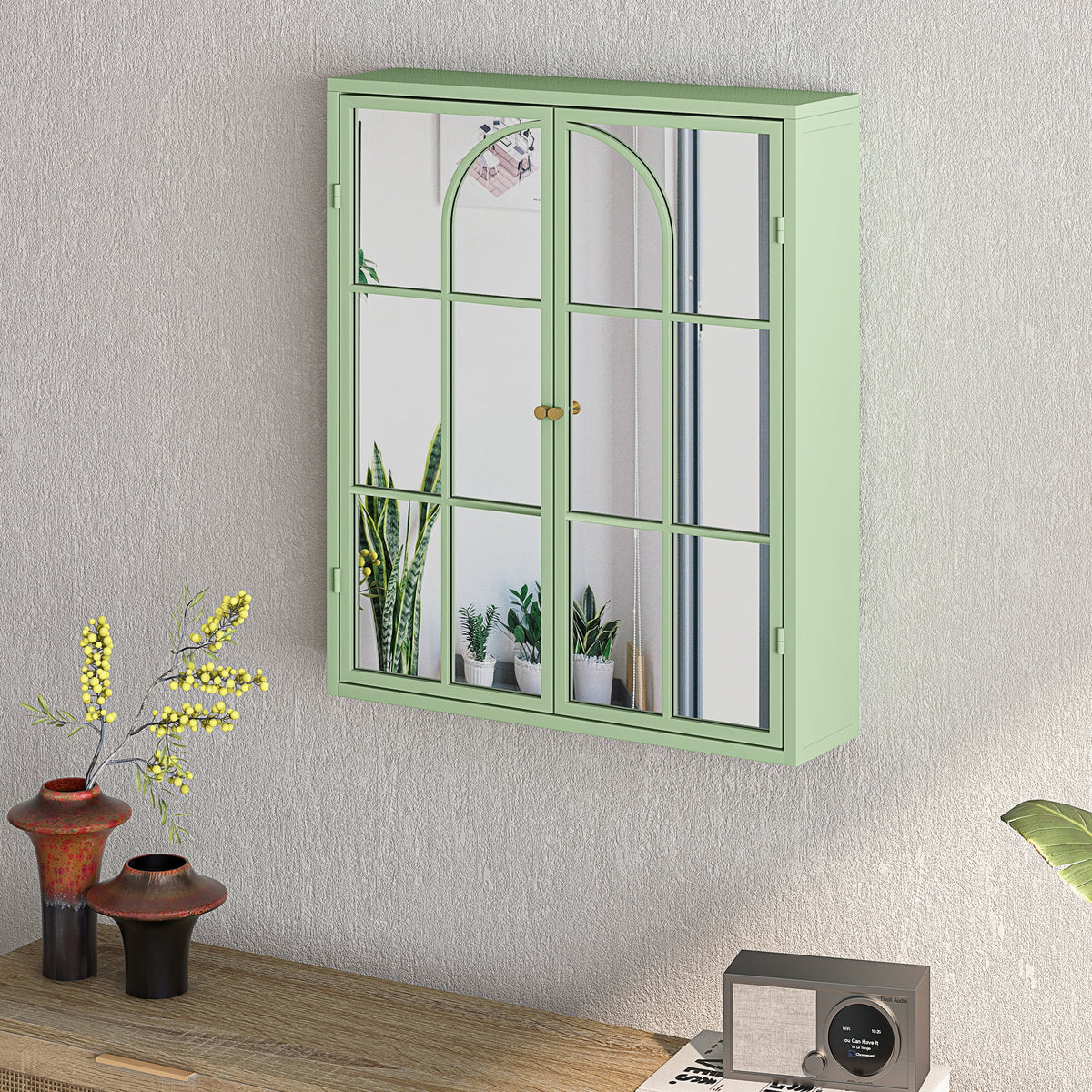 27.56"Modern Wall Cabinet with Glass Doors, Bathroom Cabinet with Featuring Three-tier Storage for Entryway Living Room, Bathroom or Dining Room, Mint Green