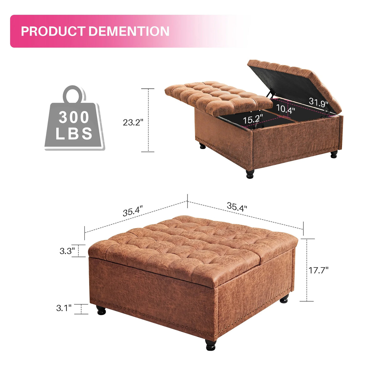 Redlife 35 Inch Large Square Storage Ottoman Bench, Storage Ottoman Coffee Table Large Square Ottoman with Storage Lift Top Tufted Storage Ottoman for Living Room (Brown Leathaire)