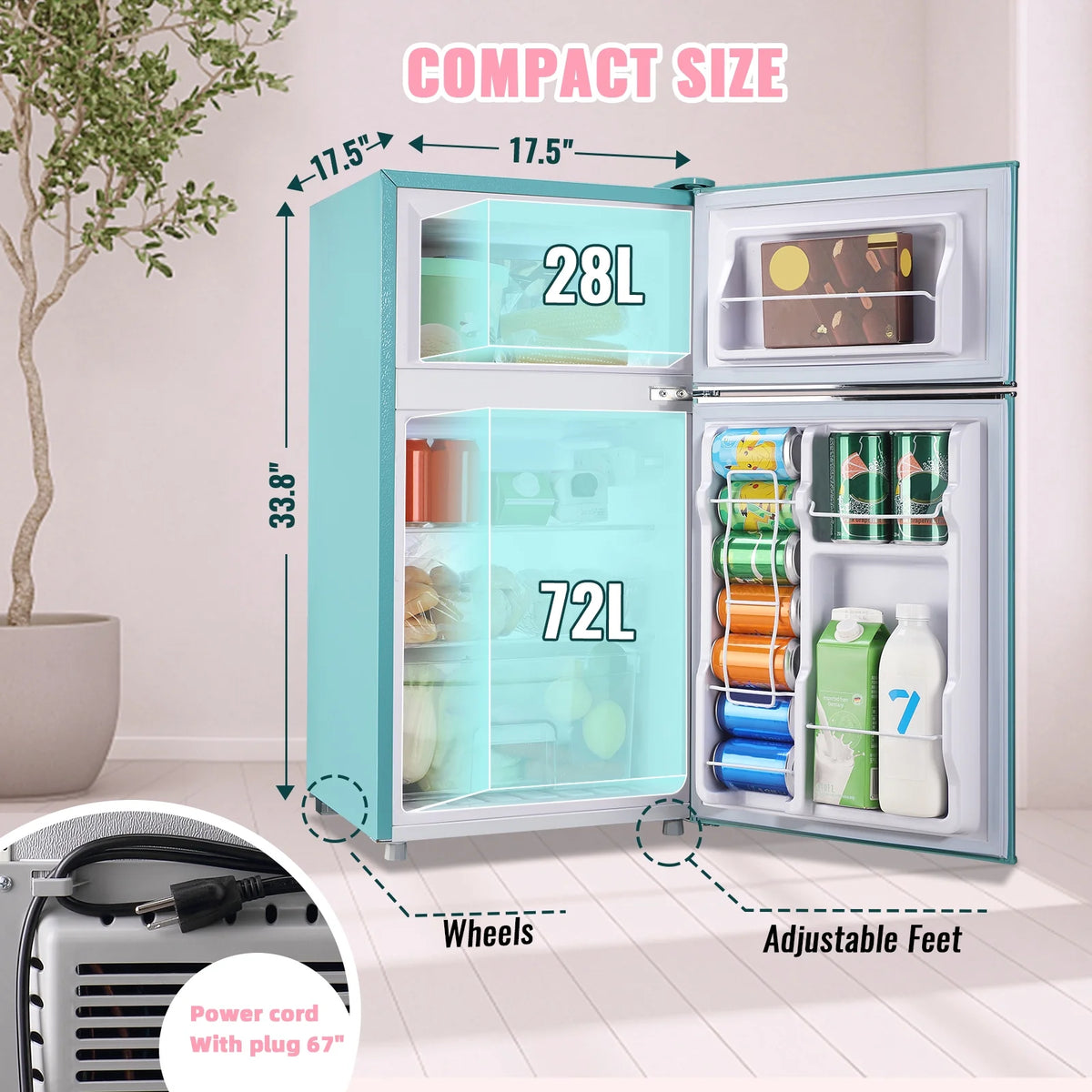 3.5 Cu.ft Compact Refrigerator WANAI Dual Doors Handles Mini Fridge with Top Freezer Blue New
