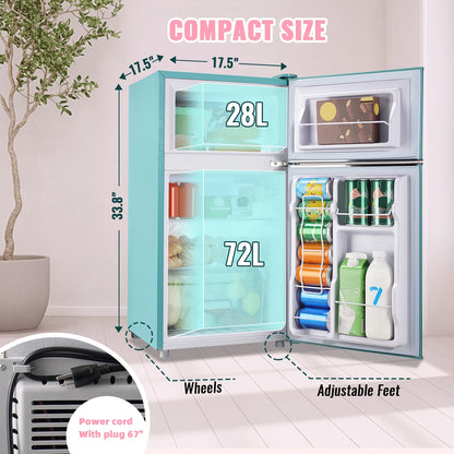 3.5 Cu.ft Compact Refrigerator WANAI Dual Doors Handles Mini Fridge with Top Freezer Blue New
