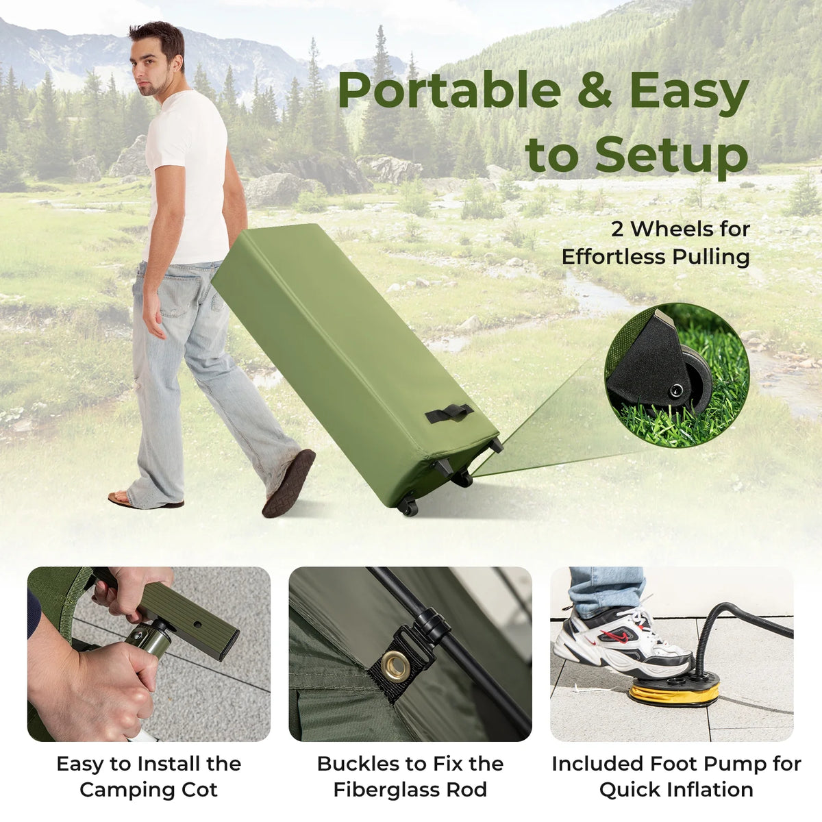 Patiojoy Folding 2-Person Camping Tent Cot Portable Pop-Up Tent with Sleeping Bag&Air Mattress for Outdoor Activity