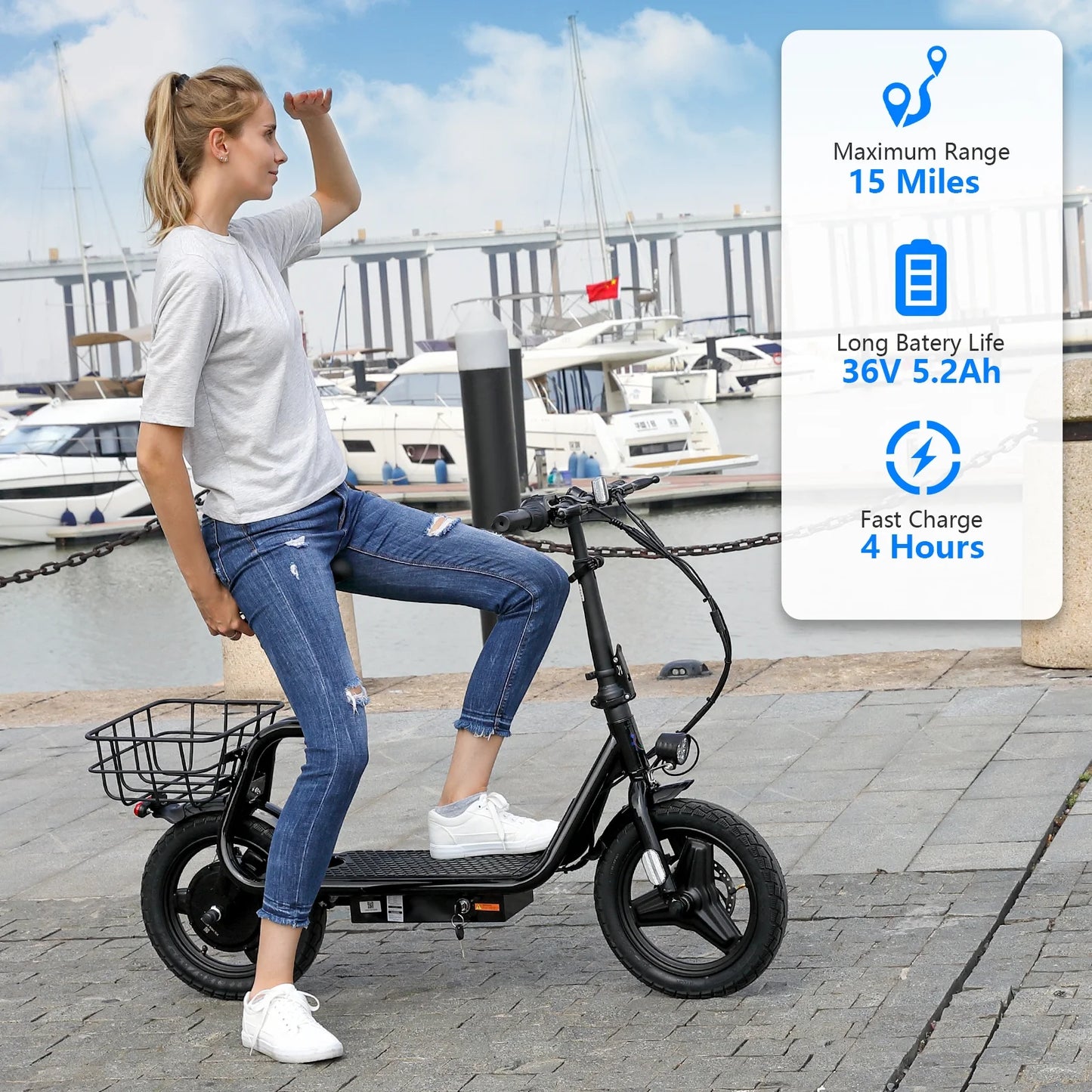 SANOPY 350W Electric Scooter with Seat for Adults, 15 Miles Range 20 Mph, 36V 5.2Ah Battery Moped, 14" Big Tire Commuter Electric Bike with Shock Absorbing, Black
