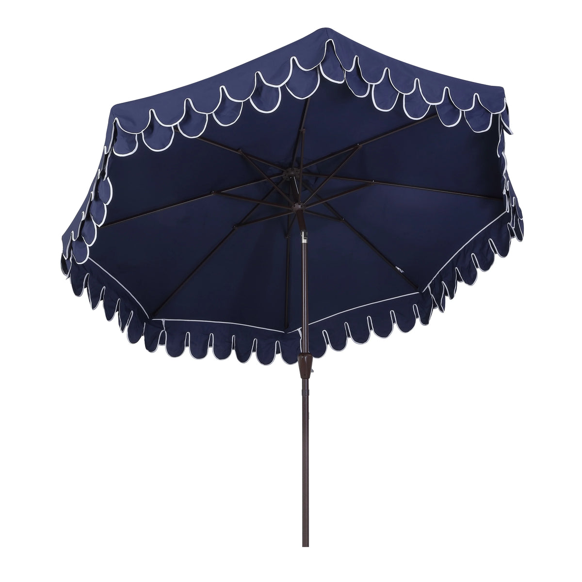 JONATHAN Y Tracy 9 ft. Market Patio Umbrella, Classic Mid-Century Scalloped Fringe, with Auto-Tilt Crank, Wind Vent and UV Protection, Coral Pink/White, Dark Brown Pole