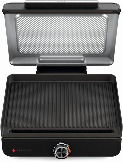 Ninja Sizzle Indoor Grill, 500��F High Heat Kitchen Grill with Nonstick 14 Inch Plate, Low-Smoke Technology, Edge-to-Edge Heating, Family-Sized Capacity, Countertop Cooking Tool (GR100)
