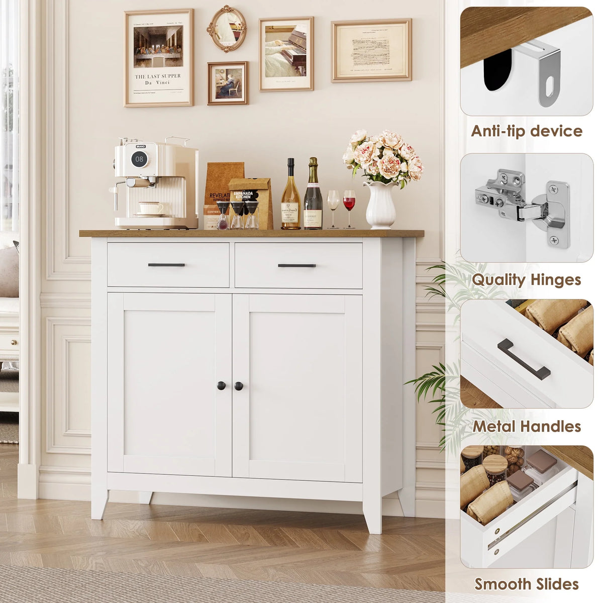 Homfa Entryway Cabinet, Kitchen Storage Cabinet, Farmhouse Buffet Sideboard with 2 Drawers and 2 Doors,Coffee Bar with Storage for Dining Room Living Room,White