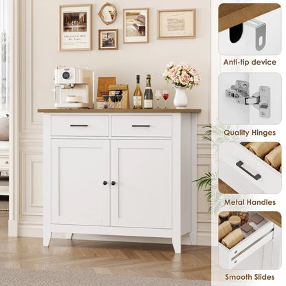 Homfa Entryway Cabinet, Kitchen Storage Cabinet, Farmhouse Buffet Sideboard with 2 Drawers and 2 Doors,Coffee Bar with Storage for Dining Room Living Room,White