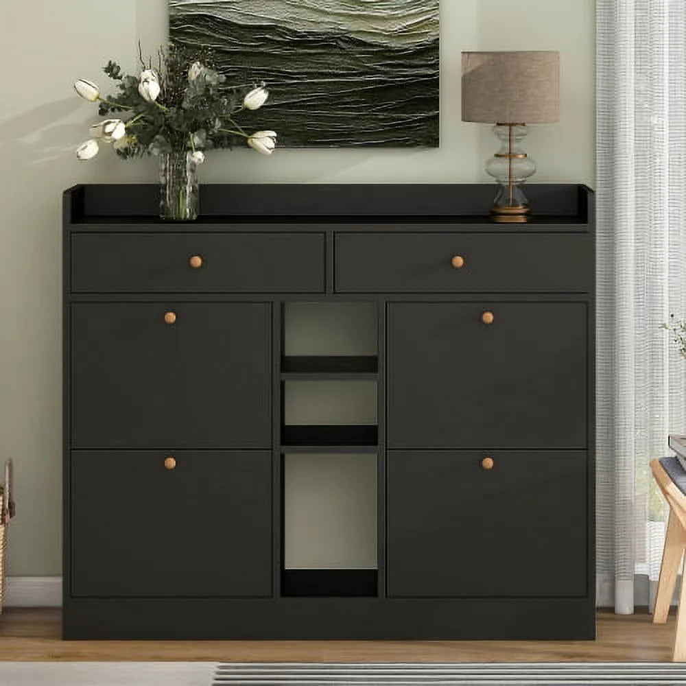Aukfa Shoe Cabinet with 4 Flip Drawers and 2 Storage Drawers- Black