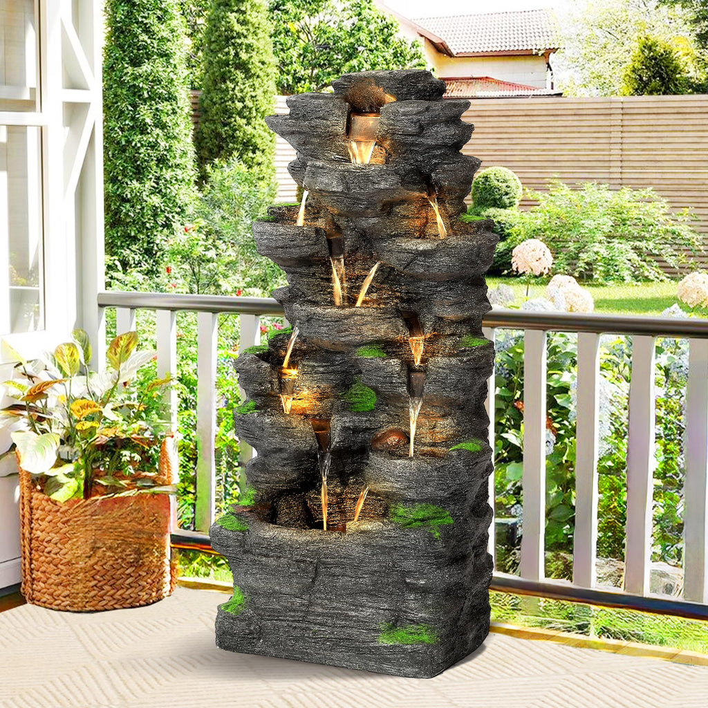 Haverchair 7 Tier Cascading Rock Outdoor Water Fountain, Garden Freestanding Rockery Natural Waterfall Fountains Outdoor with LED Light, Soothing Tranquility Fountains for Home Garden Yard, 24"H
