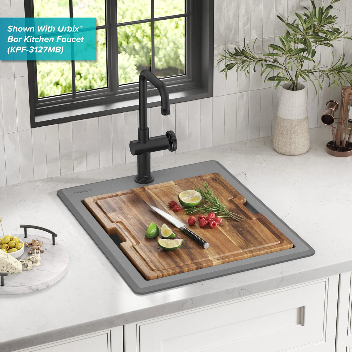 KRAUS Bellucci 18 Granite Composite Workstation Drop-In Top Mount Single Bowl Kitchen Bar Sink in White with Accessories