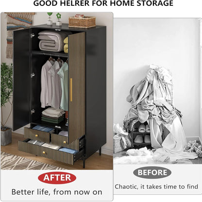 Oubayajia Wardrobe Armoire Closet, 2 Fluted Doors Wardrobe Cabinet with 3-Drawer and Hanging Rod, Wood Wardrobe Storage for Bedroom