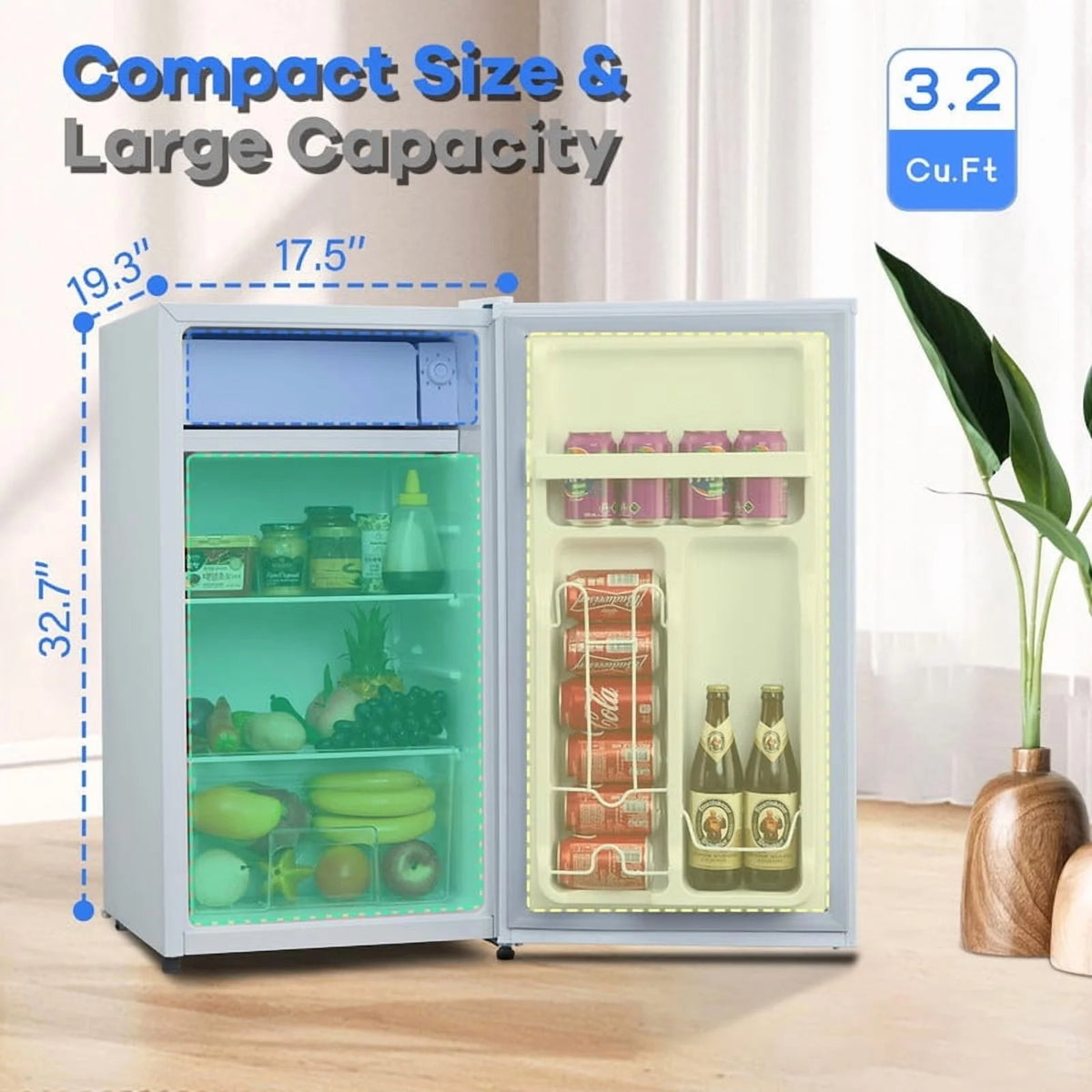 Towallmark 3.2 Cu Ft Mini Fridge, Compact Refrigerator, Portable Freezer with 2 Glass Shelves Silent Operation for Bedroom Office Dorm, White