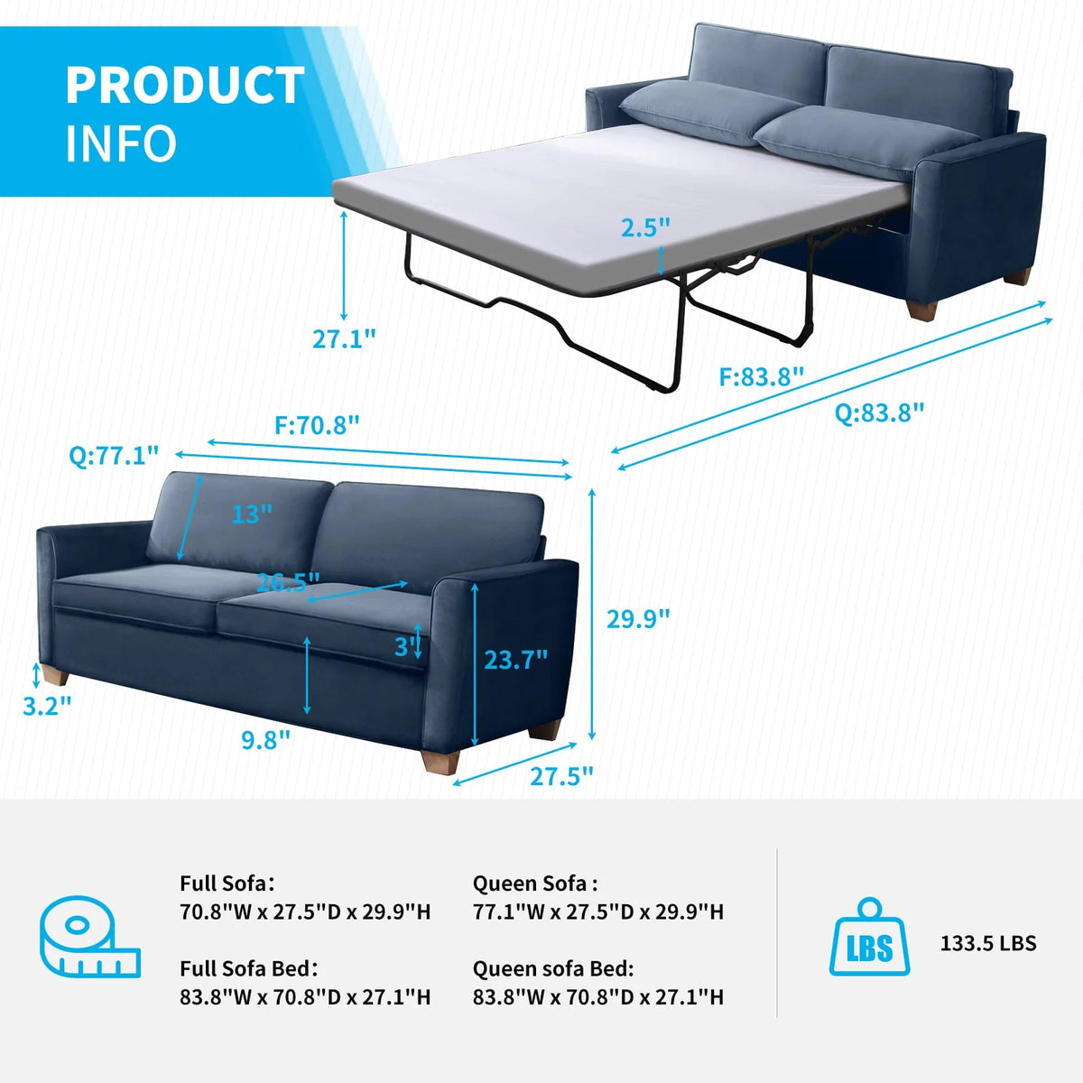 BALUS 2-in-1 Sofa Bed, Full Pull-out Sofa Bed, Sofa Bed with Foam  Mattress, Loveseat Sofa Bed for Living Room, Bedroom, Office, Small Space, Blue