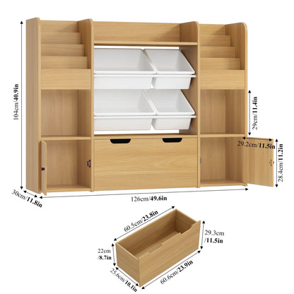 Hiphuta Kids Bookcase Toy Storage Organizer, Wooden Toy Organizer of 4 Bins& 2 Removable Drawers for Home Bedroom, Kids Bookshelf Toy Box with Book Rack, White