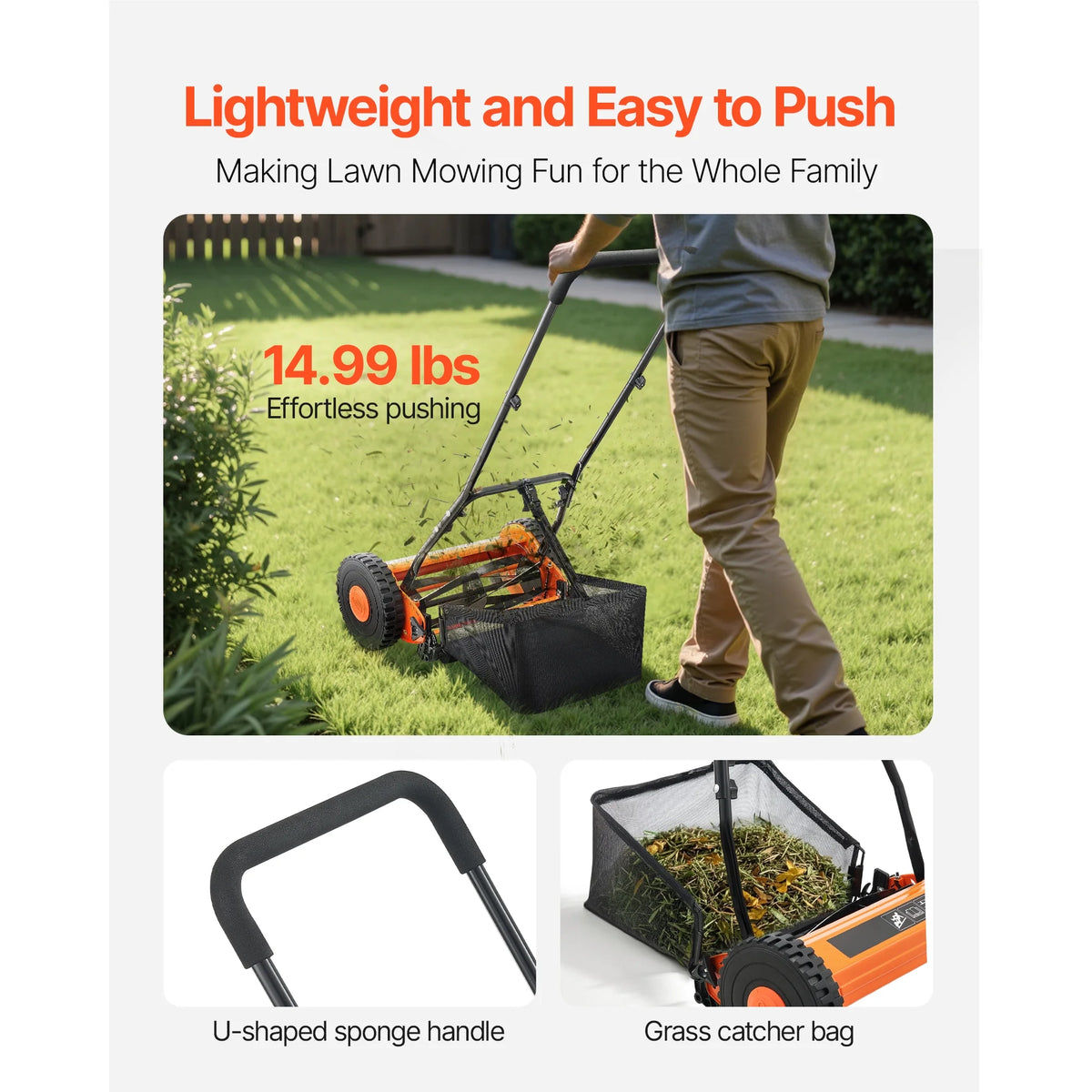 KFFKFF 16-Inch Manual Push Reel Lawn Mower, 5-Blade Design, Adjustable Cutting Height from 0.6 to 1.75 Inches, Walk-Behind Mower with Grass Collection Bag for Lawns, Driveways, and Courtyards