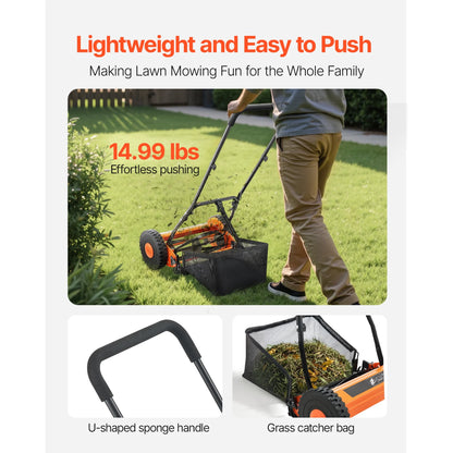 KFFKFF 16-Inch Manual Push Reel Lawn Mower, 5-Blade Design, Adjustable Cutting Height from 0.6 to 1.75 Inches, Walk-Behind Mower with Grass Collection Bag for Lawns, Driveways, and Courtyards