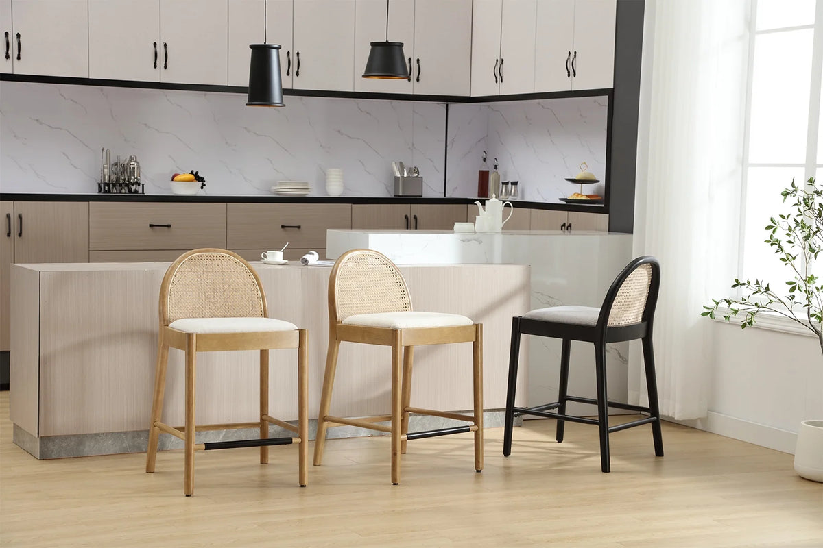 Guyou Modern Bar Stools Set of 2, 26" Counter Height Bar Stools with Natural Rattan Back and Solid Wood Frame, Sherpa Upholstered Kitchen Island Chairs for Bar Island Cafe Kitchen, Black