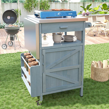 Bellemave Outdoor Serving Cart Kitchen Island Solid Wood Mobile Rolling Bar Cart with Lockable Wheels, Rack and Stainless Steel Top Beverage Storage Counter Table with Cabinet for Patio, Natural