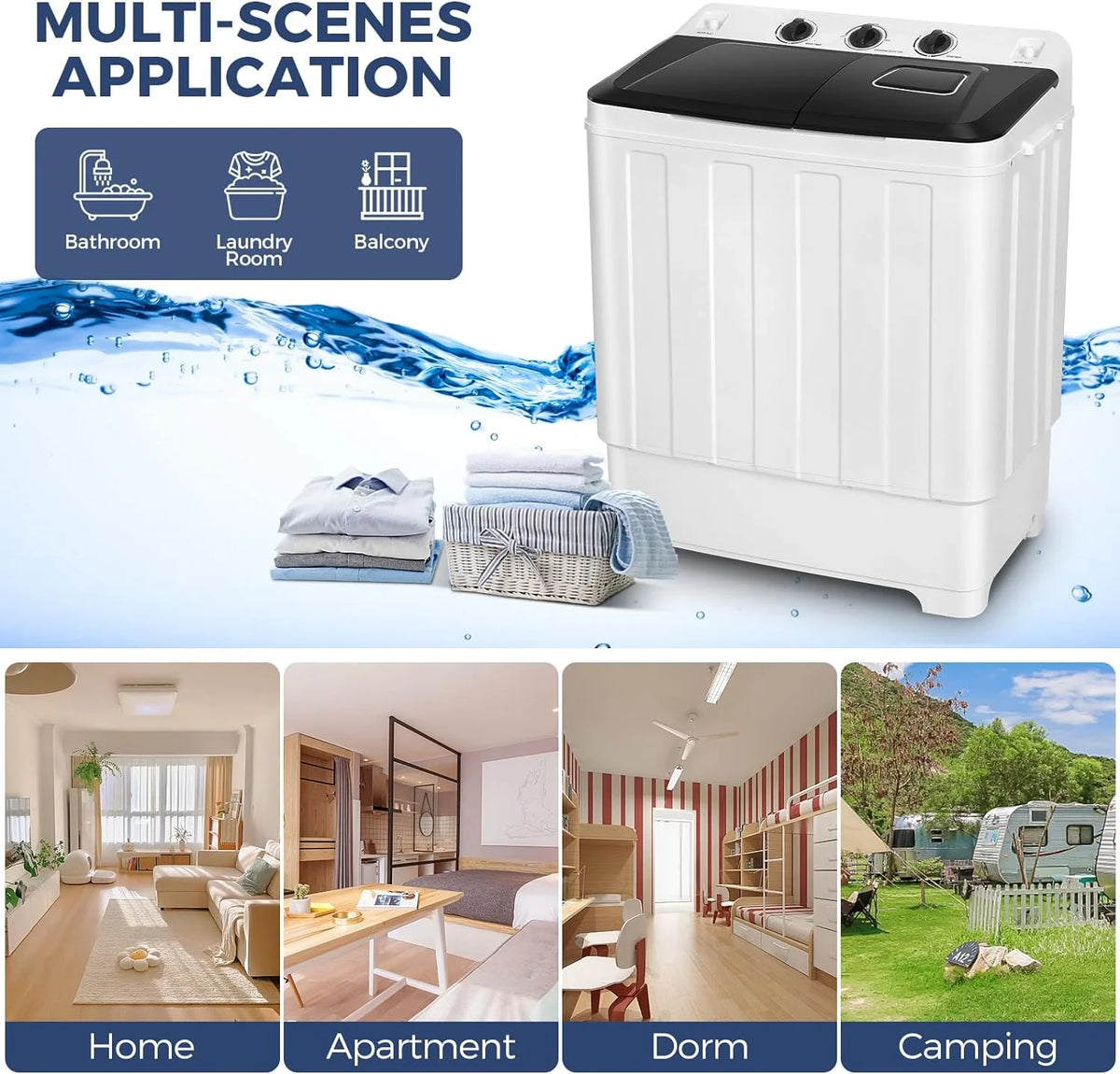 Qhomic Portable Washer 30lbs, 2-in-1 Twin Tub Washer & Dryer Combo Compact Semi-Automatic Washing Machine with Drain Pump, Black