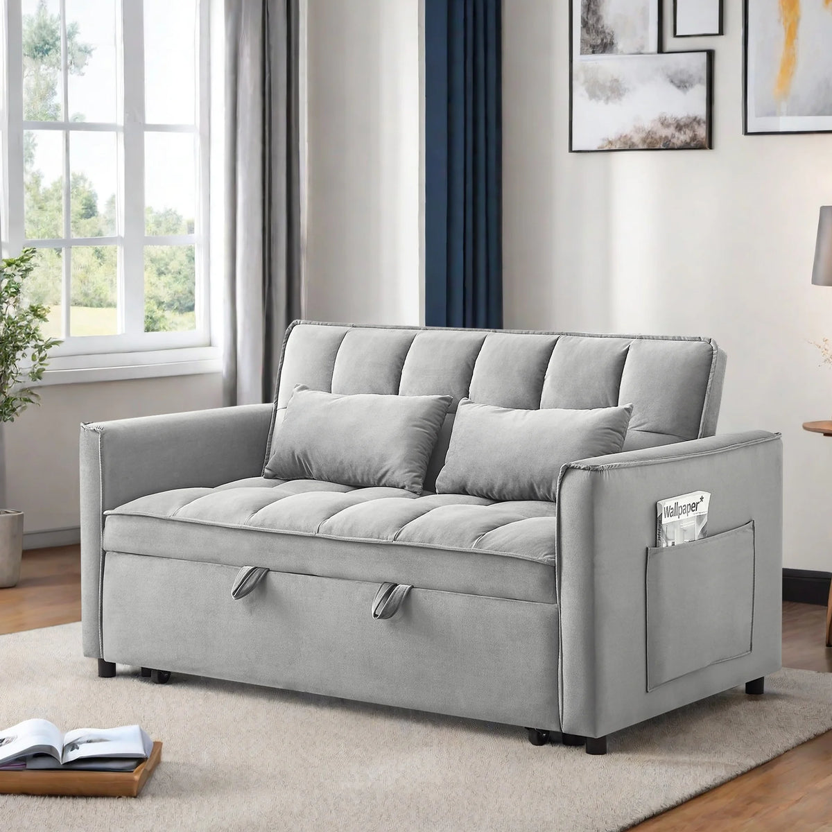 Convertible Sofa Bed,3-in-1 Sleeper Sofa with Pull Out Bed,Sleeper Futon Couch Loveseat with Adjsutable Backrest and Pillows for Living Room,Black
