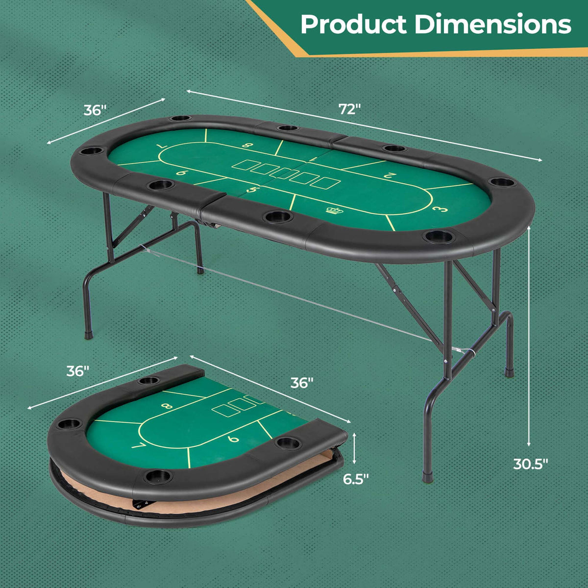 Costway 8 Players Card Board Game Table with 8 Cup Holders Casino-Grade Felt Surface Green