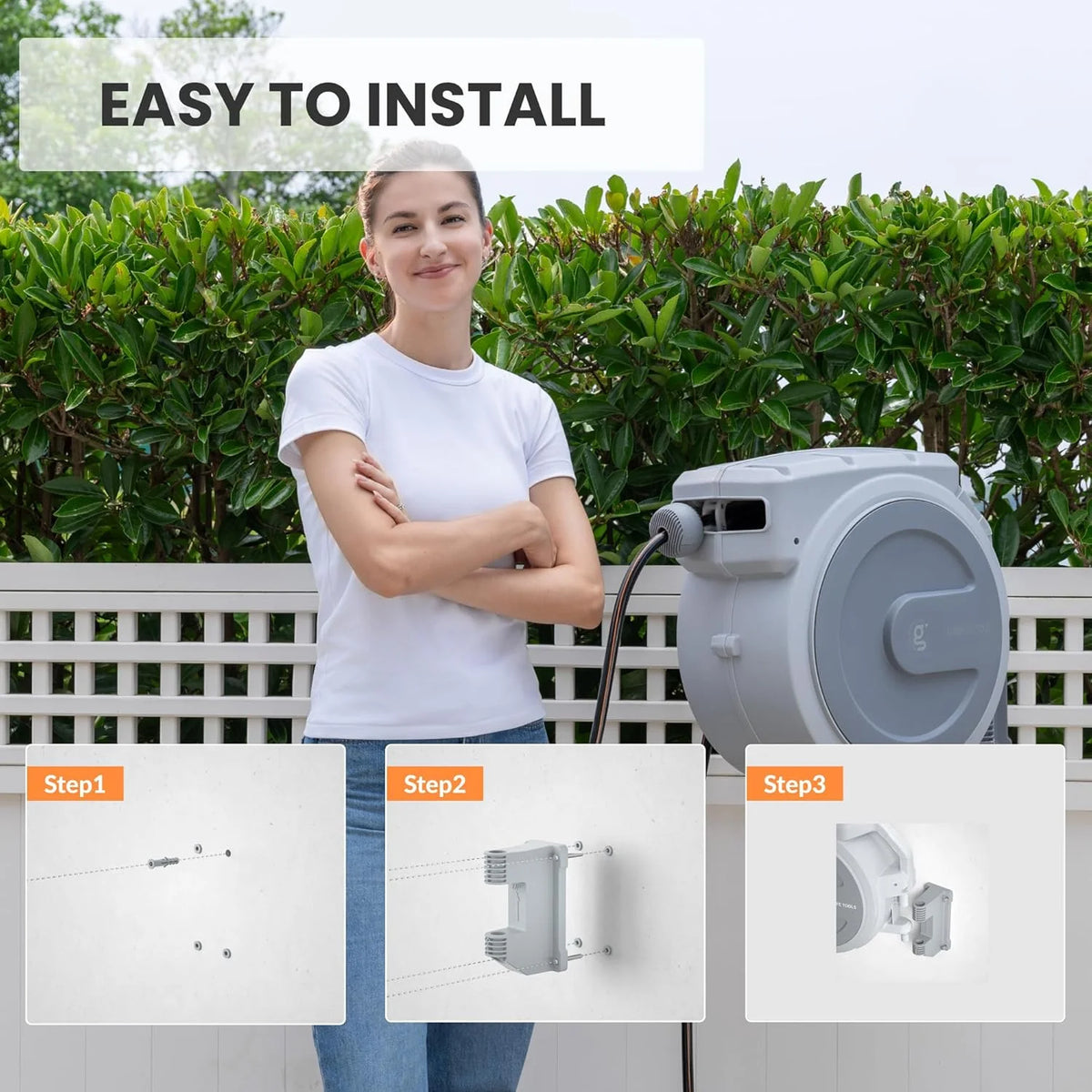 Giraffe Tools Retractable Garden Hose Reel with 1/2in-100ft Water Hose, Plastic Bracket, Wall Mounted, Dark Grey