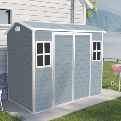 8x4 FT Outdoor Storage Shed with Floor, Resin Garden Sheds with Lockable Door, Vents & Windows, Weather Resistant Tool Shed with Sloped Roof for Backyard Patio, Grey