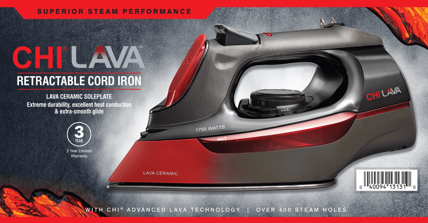 CHI Lava Clothing Iron, Steam Iron for Clothes with Lava Ceramic Soleplate & Retractable Cord, Black
