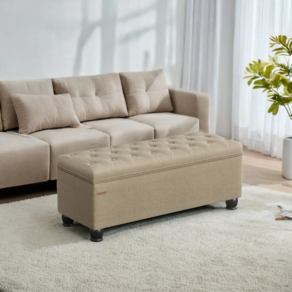 SONGMICS 46.5" Storage Ottoman Bench Storage Bench Bedroom Bench 330lb Load Capacity Solid Wood Legs Light Gray