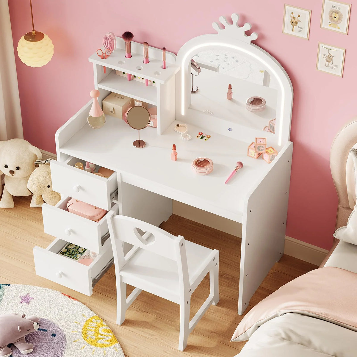 Yeshouse Princess Girls Makeup Vanity Table Set with Storage & Lights